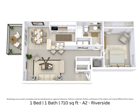A2 - Riverside This is a 3D-floor plan providing a detailed, angled view of the space with room layouts, furniture placement, and spatial flow. Features 1 bedrooms, 1 bathrooms, and approximately 710 Sq. Ft.